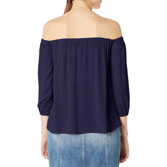 White Floral Embroidered Off Shoulder Navy Blouse - Picture 2 of 7